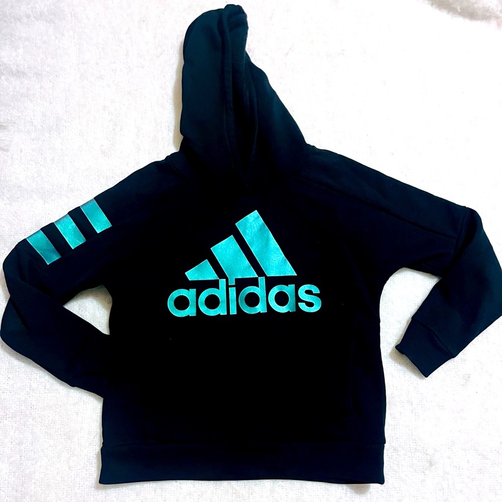 ADIDAS black hoodie with fluorescent teal logo & arm detail front pocket Size 8